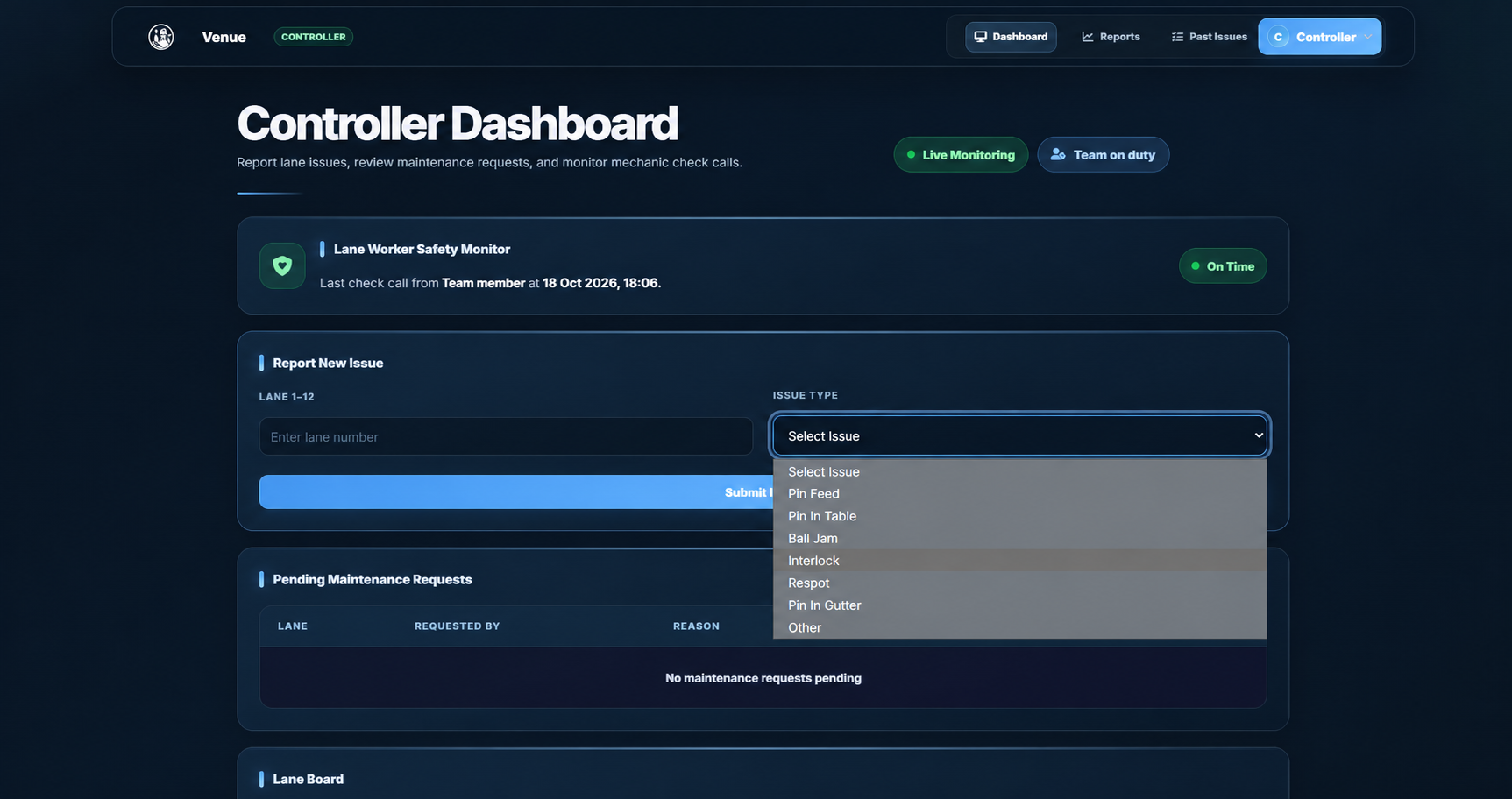 LaneLink controller dashboard showing active lane operations